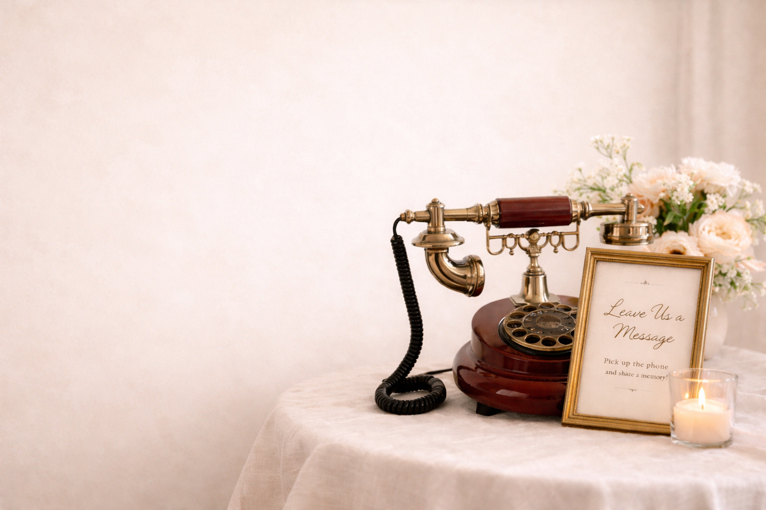 Vintage audio guestbook phone styled on linen table